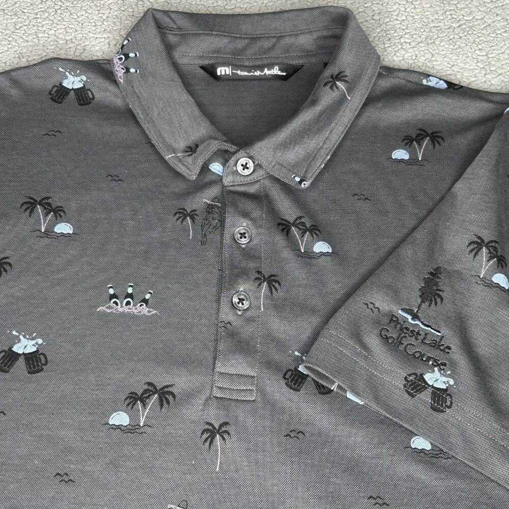 Travis Mathew Polo Shirt Mens Large Gray Priest Lake Golf Course Beer Palm Print - Picture 1 of 15